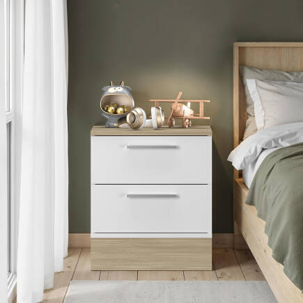Base 2 Çekmeceli Komodin - İtalyan Meşe-Mat Beyaz 45x52x40 cm (GxYxD) (1)