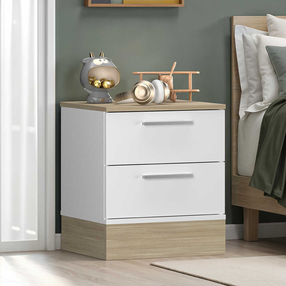 Base 2 Çekmeceli Komodin - İtalyan Meşe-Mat Beyaz 45x52x40 cm (GxYxD) - Adore Mobilya