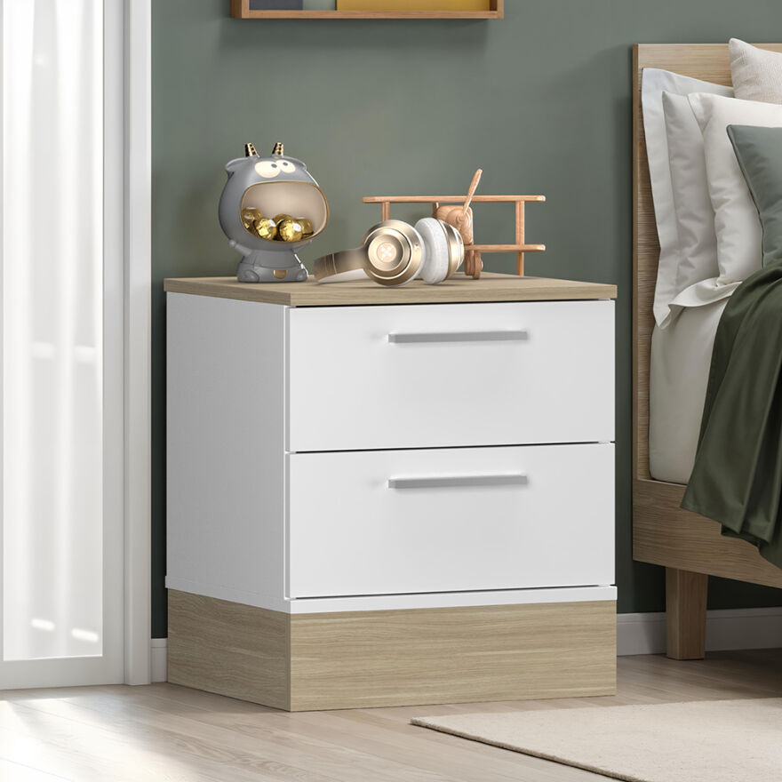 Base 2 Çekmeceli Komodin - İtalyan Meşe-Mat Beyaz 45x52x40 cm (GxYxD) - 1