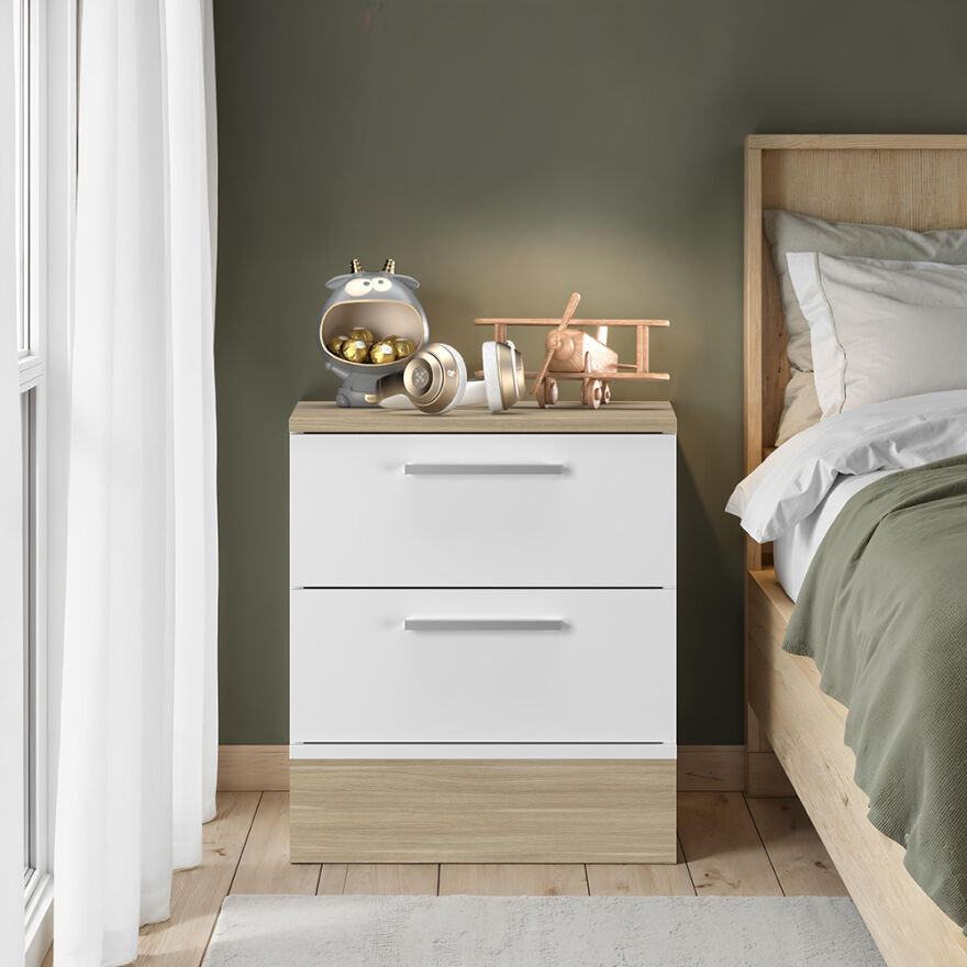 Base 2 Çekmeceli Komodin - İtalyan Meşe-Mat Beyaz 45x52x40 cm (GxYxD) - 2