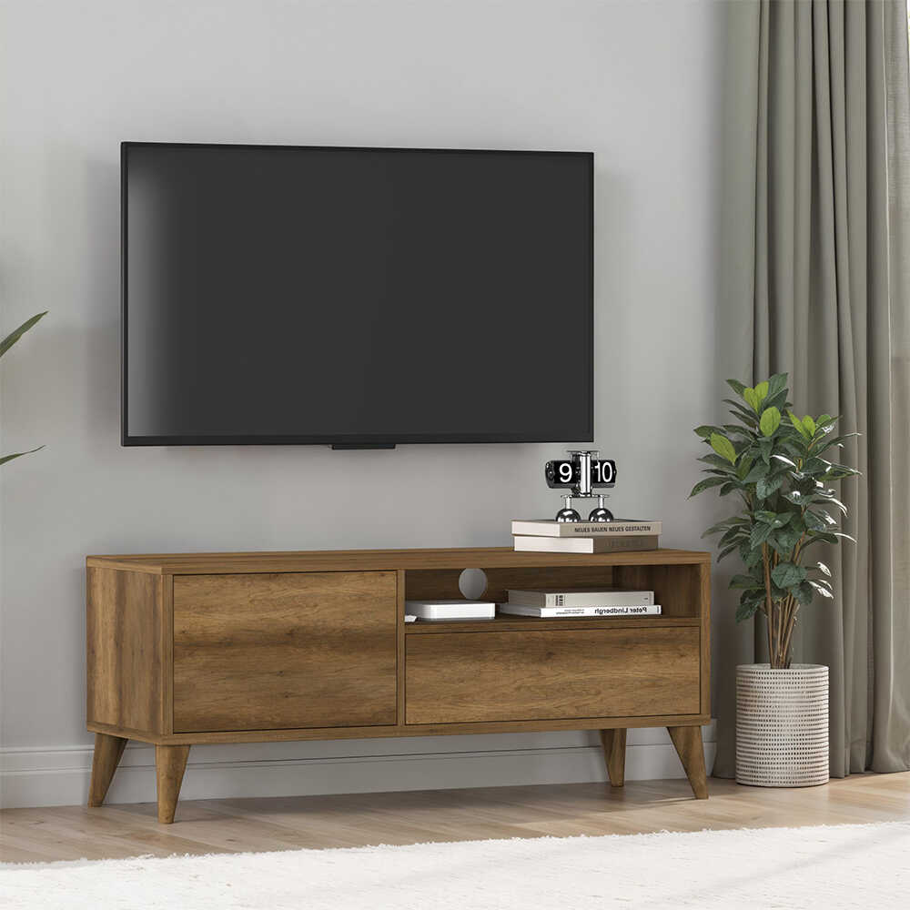 Retro Çekmeceli Tv Sehpası - Koyu Ceviz (Oslo Ceviz) 120x50x40 cm (GxYxD)