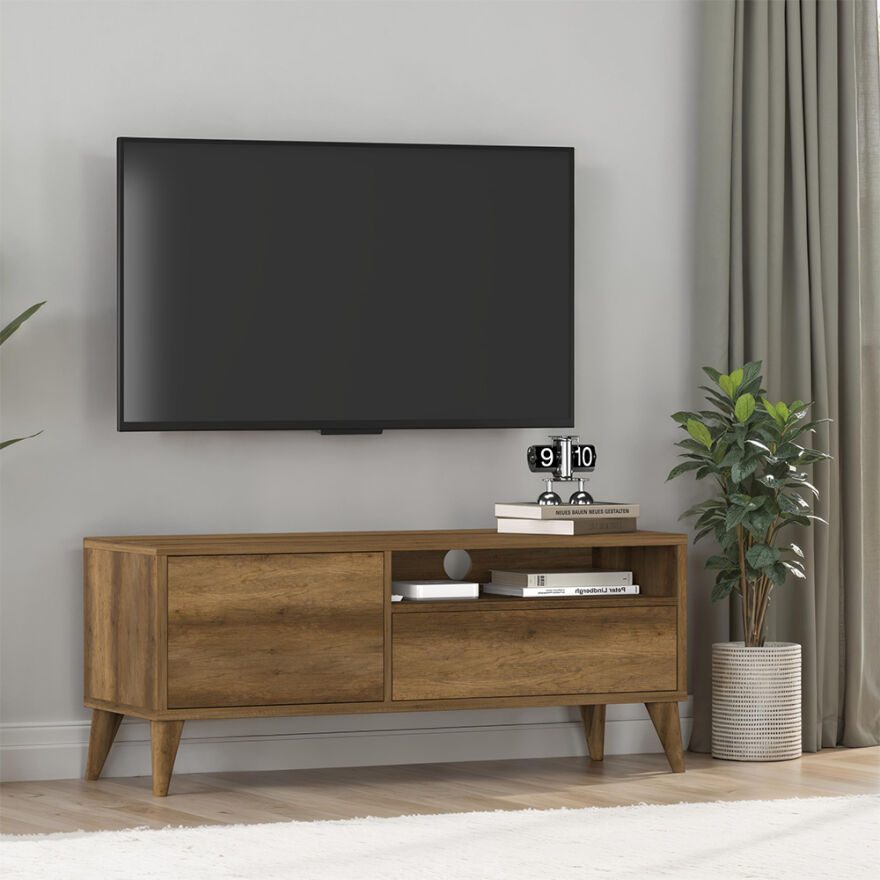 Retro Çekmeceli Tv Sehpası - Koyu Ceviz (Oslo Ceviz) 120x50x40 cm (GxYxD) - 1