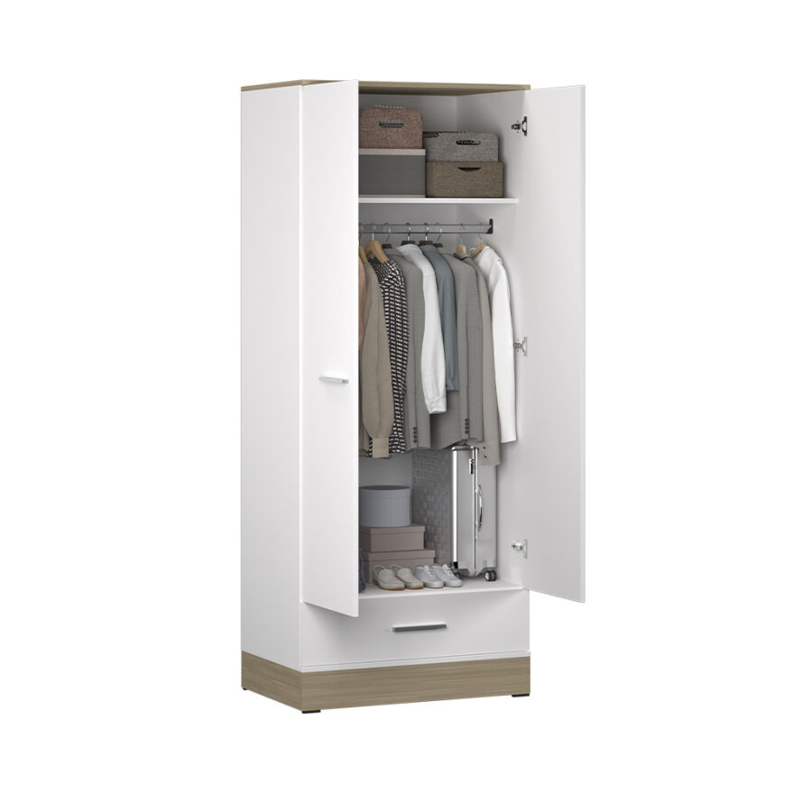 Base 2 Kapaklı Tek Çekmeceli Gardırop-İtalyan Meşe-Mat Beyaz 80x198x52 cm (GxYxD) - 6