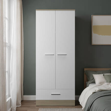 Base 2 Kapaklı Tek Çekmeceli Gardırop-İtalyan Meşe-Mat Beyaz 80x198x52 cm (GxYxD) - 3