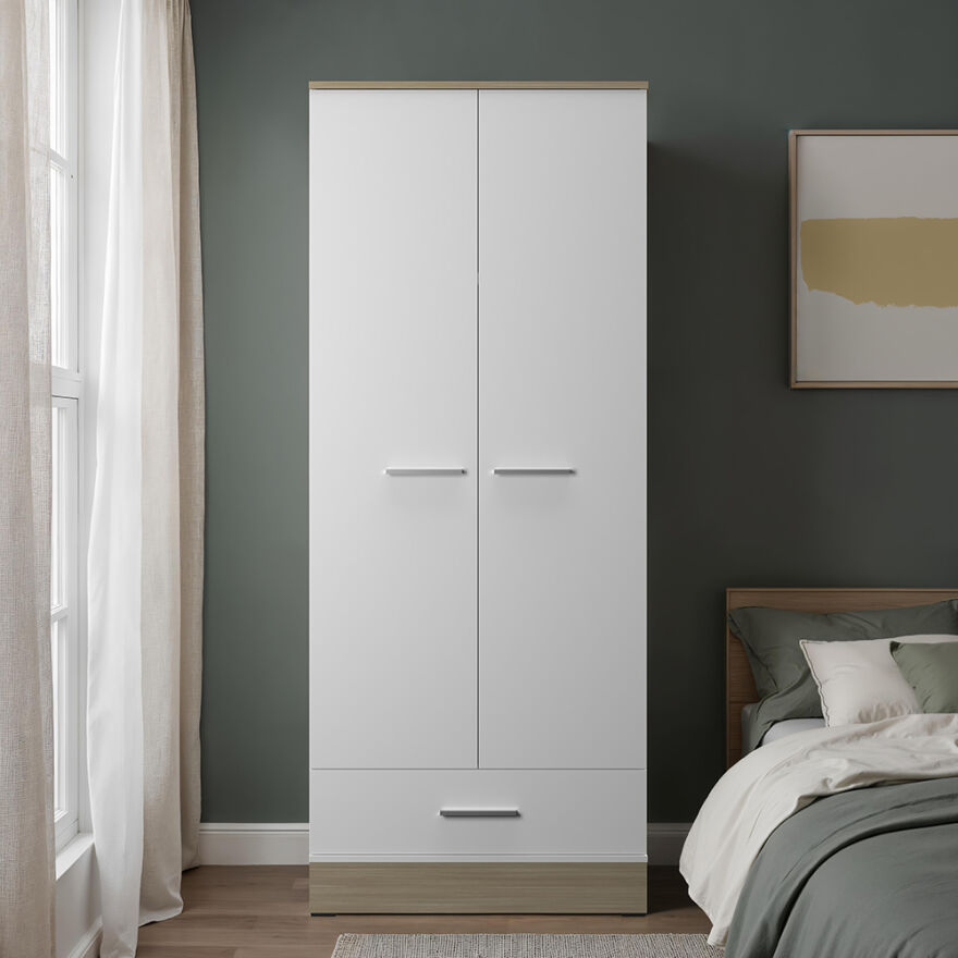 Base 2 Kapaklı Tek Çekmeceli Gardırop-İtalyan Meşe-Mat Beyaz 80x198x52 cm (GxYxD) - 3
