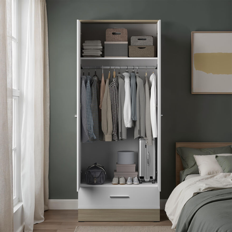 Base 2 Kapaklı Tek Çekmeceli Gardırop-İtalyan Meşe-Mat Beyaz 80x198x52 cm (GxYxD) - 4