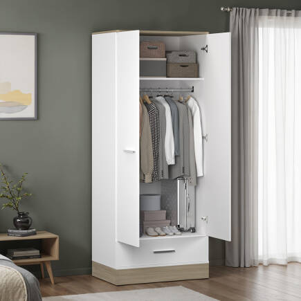 Base 2 Kapaklı Tek Çekmeceli Gardırop-İtalyan Meşe-Mat Beyaz 80x198x52 cm (GxYxD) - Adore Mobilya (1)
