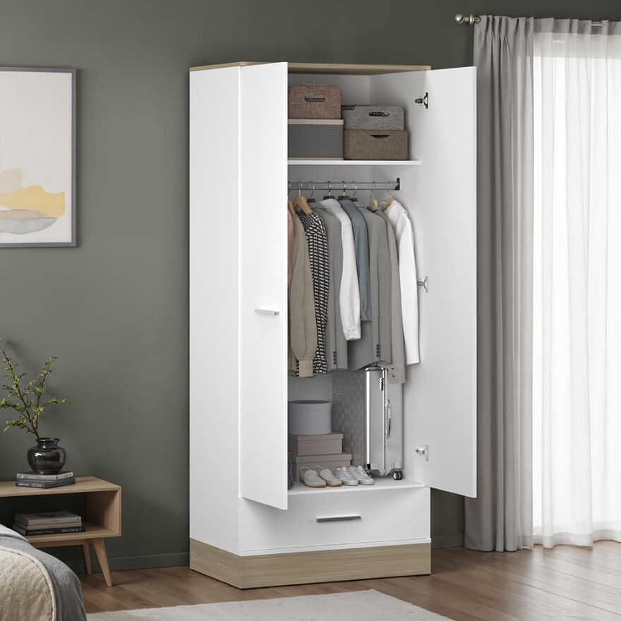 Base 2 Kapaklı Tek Çekmeceli Gardırop-İtalyan Meşe-Mat Beyaz 80x198x52 cm (GxYxD) - 2