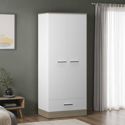 Base 2 Kapaklı Tek Çekmeceli Gardırop-İtalyan Meşe-Mat Beyaz 80x198x52 cm (GxYxD) - Adore Mobilya
