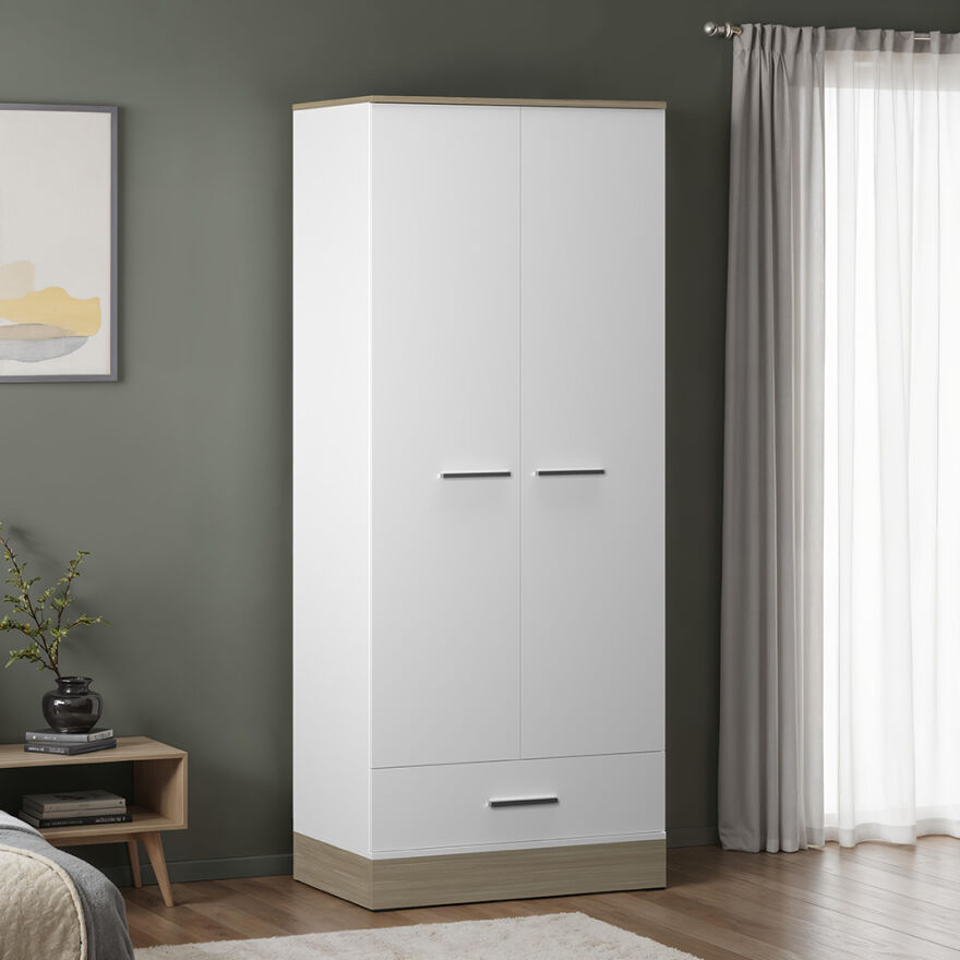 Base 2 Kapaklı Tek Çekmeceli Gardırop-İtalyan Meşe-Mat Beyaz 80x198x52 cm (GxYxD) - 1