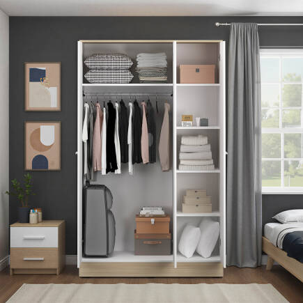 Base 3 Kapaklı Gardırop - İtalyan Meşe-Mat Beyaz 120x198x52 cm (GxYxD) - 4