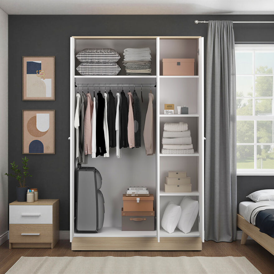 Base 3 Kapaklı Gardırop - İtalyan Meşe-Mat Beyaz 120x198x52 cm (GxYxD) - 4