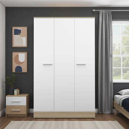 Base 3 Kapaklı Gardırop - İtalyan Meşe-Mat Beyaz 120x198x52 cm (GxYxD) - 3