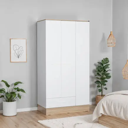 Base 3 Kapaklı Tek Çekmeceli Gardırop İtalyan Meşe-Mat Beyaz 103x198x52 cm (GxYxD) - 3