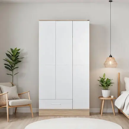 Base 3 Kapaklı Tek Çekmeceli Gardırop İtalyan Meşe-Mat Beyaz 103x198x52 cm (GxYxD) - 1