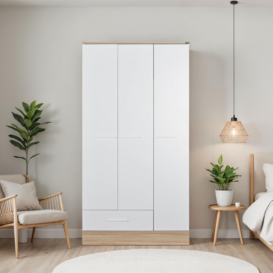 Base 3 Kapaklı Tek Çekmeceli Gardırop İtalyan Meşe-Mat Beyaz 103x198x52 cm (GxYxD) - 1
