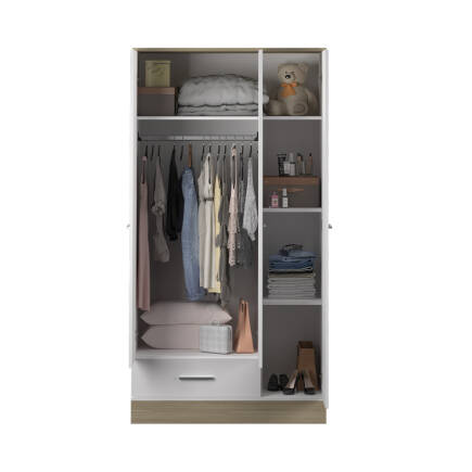 Base 3 Kapaklı Tek Çekmeceli Gardırop İtalyan Meşe-Mat Beyaz 103x198x52 cm (GxYxD) - 6