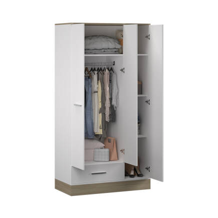 Base 3 Kapaklı Tek Çekmeceli Gardırop İtalyan Meşe-Mat Beyaz 103x198x52 cm (GxYxD) - 5