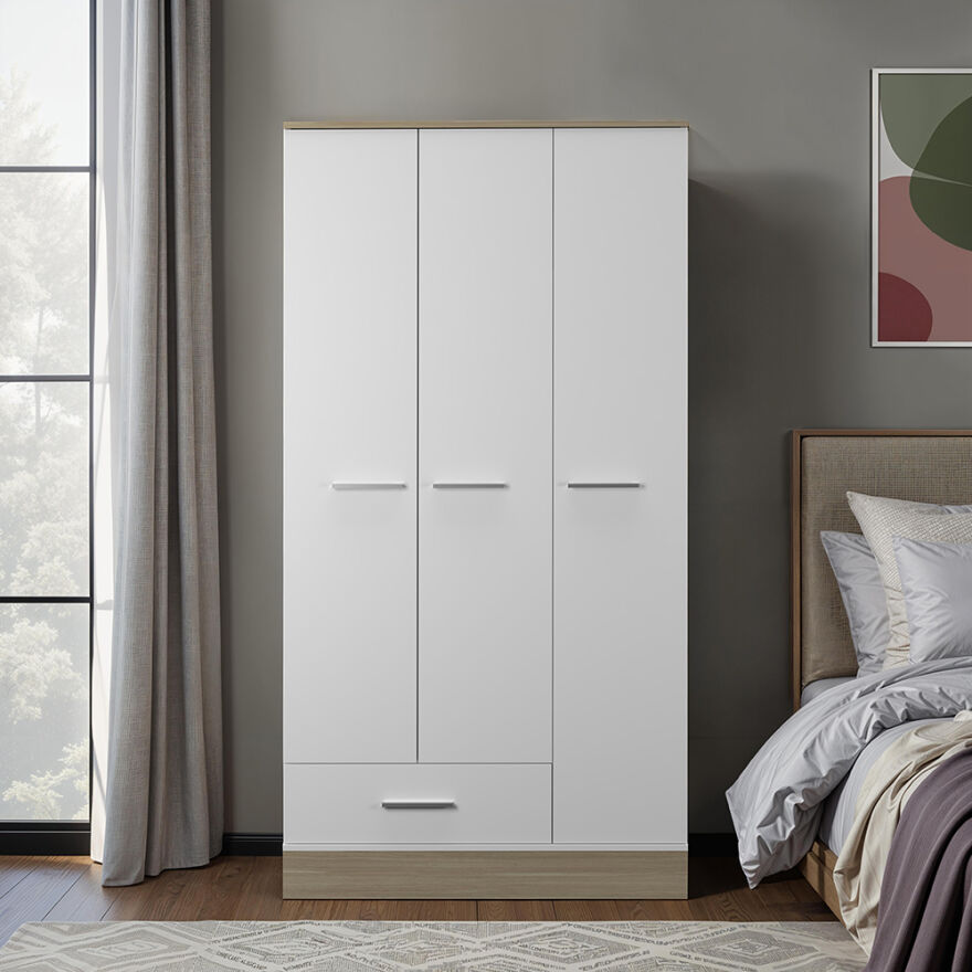 Base 3 Kapaklı Tek Çekmeceli Gardırop İtalyan Meşe-Mat Beyaz 103x198x52 cm (GxYxD) - 3