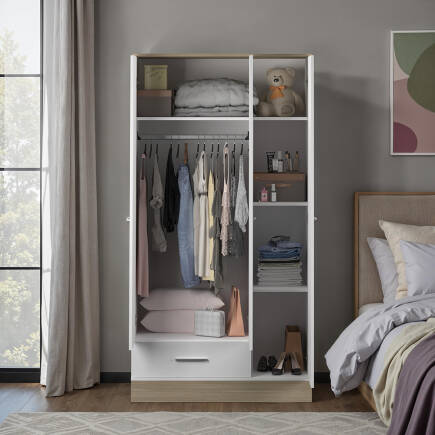 Base 3 Kapaklı Tek Çekmeceli Gardırop İtalyan Meşe-Mat Beyaz 103x198x52 cm (GxYxD) - 4