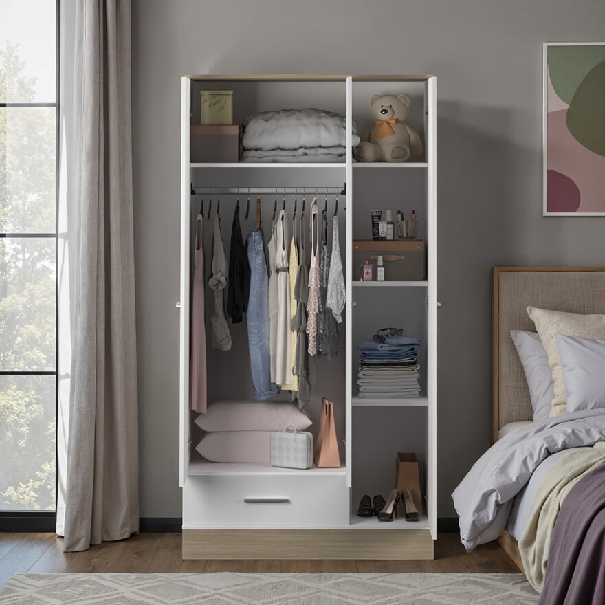 Base 3 Kapaklı Tek Çekmeceli Gardırop İtalyan Meşe-Mat Beyaz 103x198x52 cm (GxYxD) - 4