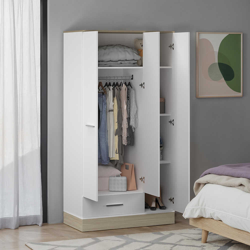 Base 3 Kapaklı Tek Çekmeceli Gardırop İtalyan Meşe-Mat Beyaz 103x198x52 cm (GxYxD) - Adore Mobilya (1)