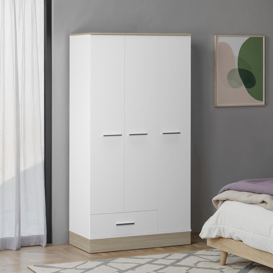 Base 3 Kapaklı Tek Çekmeceli Gardırop İtalyan Meşe-Mat Beyaz 103x198x52 cm (GxYxD) - 1