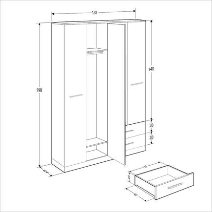 Base 4 Kapaklı 2 Çekmeceli Gardırop-İtalyan Meşe-Mat Beyaz 137x198x52 cm (GxYxD) - 22