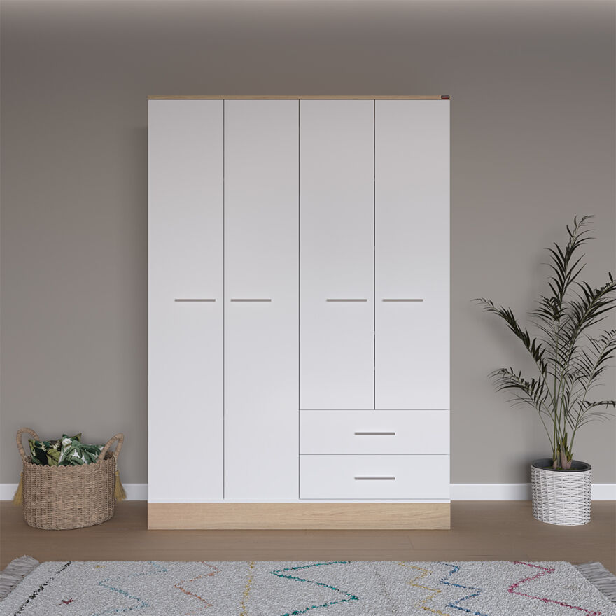 Base 4 Kapaklı 2 Çekmeceli Gardırop-İtalyan Meşe-Mat Beyaz 137x198x52 cm (GxYxD) - 1