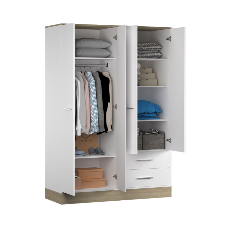 Base 4 Kapaklı 2 Çekmeceli Gardırop-İtalyan Meşe-Mat Beyaz 137x198x52 cm (GxYxD) - 6