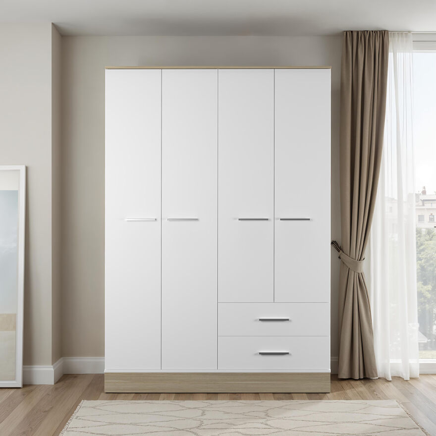 Base 4 Kapaklı 2 Çekmeceli Gardırop-İtalyan Meşe-Mat Beyaz 137x198x52 cm (GxYxD) - 3