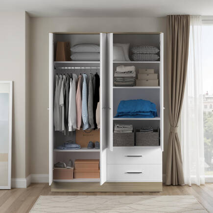 Base 4 Kapaklı 2 Çekmeceli Gardırop-İtalyan Meşe-Mat Beyaz 137x198x52 cm (GxYxD) - 4