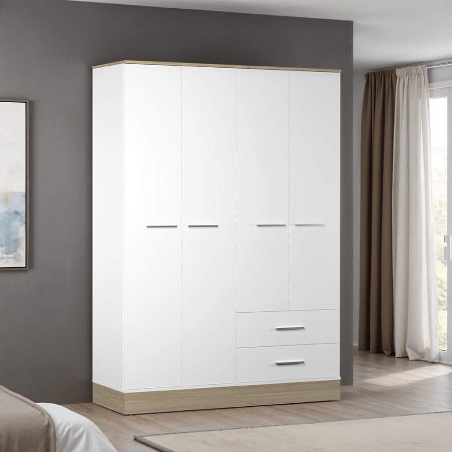 Base 4 Kapaklı 2 Çekmeceli Gardırop-İtalyan Meşe-Mat Beyaz 137x198x52 cm (GxYxD) - 1