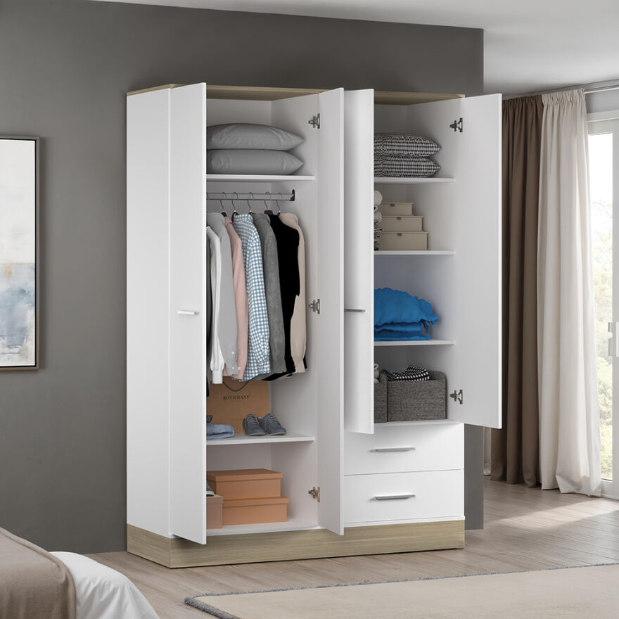 Base 4 Kapaklı 2 Çekmeceli Gardırop-İtalyan Meşe-Mat Beyaz 137x198x52 cm (GxYxD) - 2