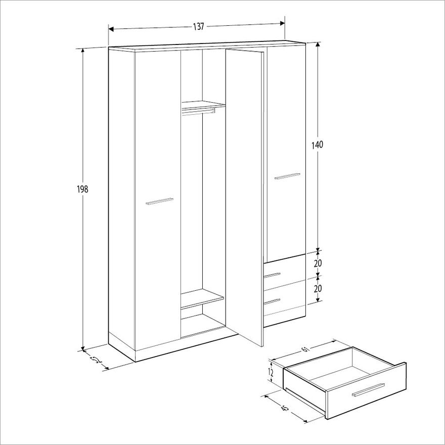 Base 4 Kapaklı 2 Çekmeceli Gardırop-İtalyan Meşe-Mat Beyaz 137x198x52 cm (GxYxD) - 22