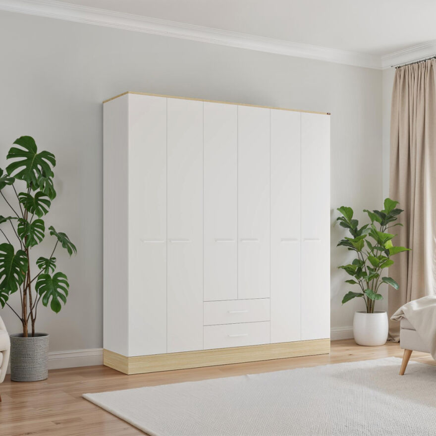 Base 6 Kapaklı 2 Çekmeceli Gardırop-İtalyan Meşe-Mat Beyaz 206x224x52 cm (GxYxD) - 1