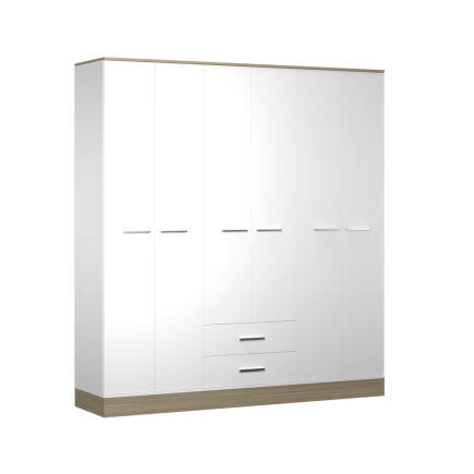 Base 6 Kapaklı 2 Çekmeceli Gardırop-İtalyan Meşe-Mat Beyaz 206x224x52 cm (GxYxD) - 6