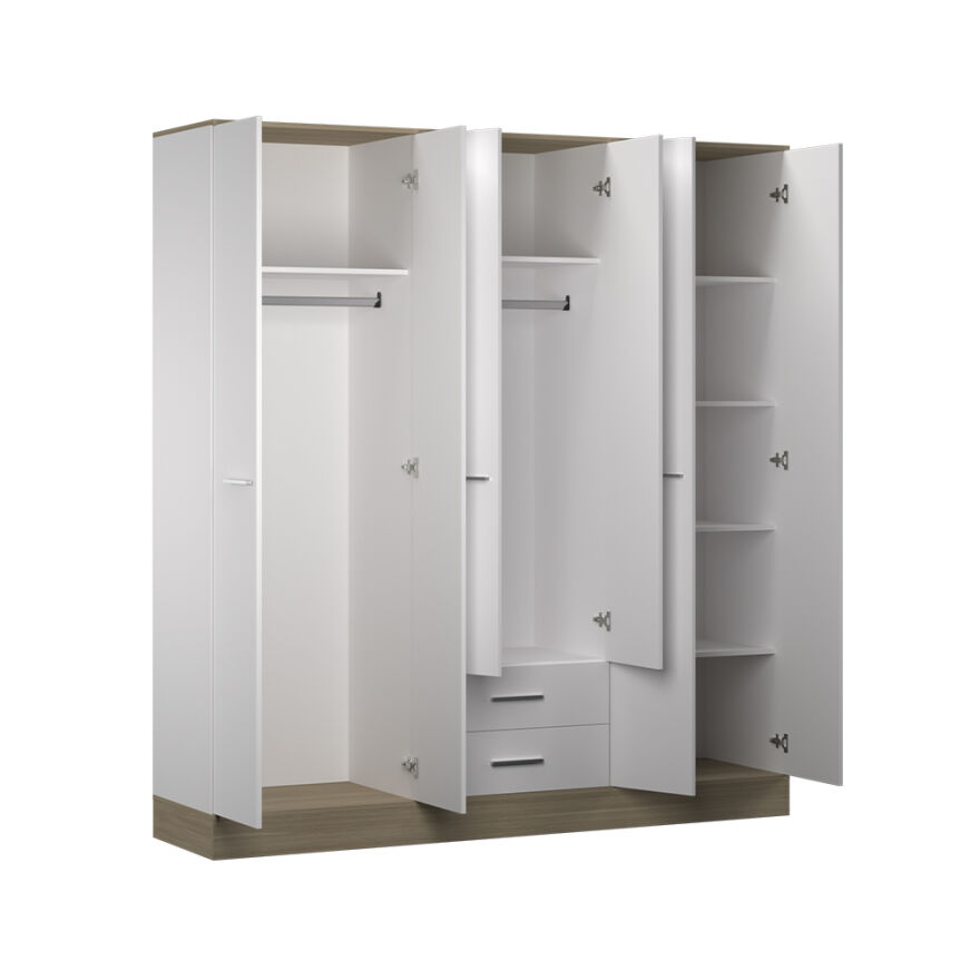 Base 6 Kapaklı 2 Çekmeceli Gardırop-İtalyan Meşe-Mat Beyaz 206x224x52 cm (GxYxD) - 10