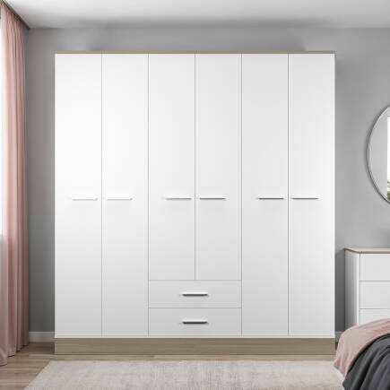 Base 6 Kapaklı 2 Çekmeceli Gardırop-İtalyan Meşe-Mat Beyaz 206x224x52 cm (GxYxD) - 4