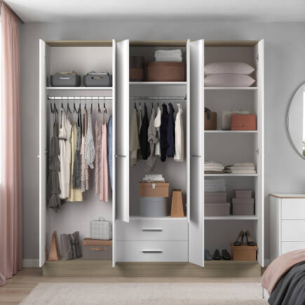 Base 6 Kapaklı 2 Çekmeceli Gardırop-İtalyan Meşe-Mat Beyaz 206x224x52 cm (GxYxD) - 5