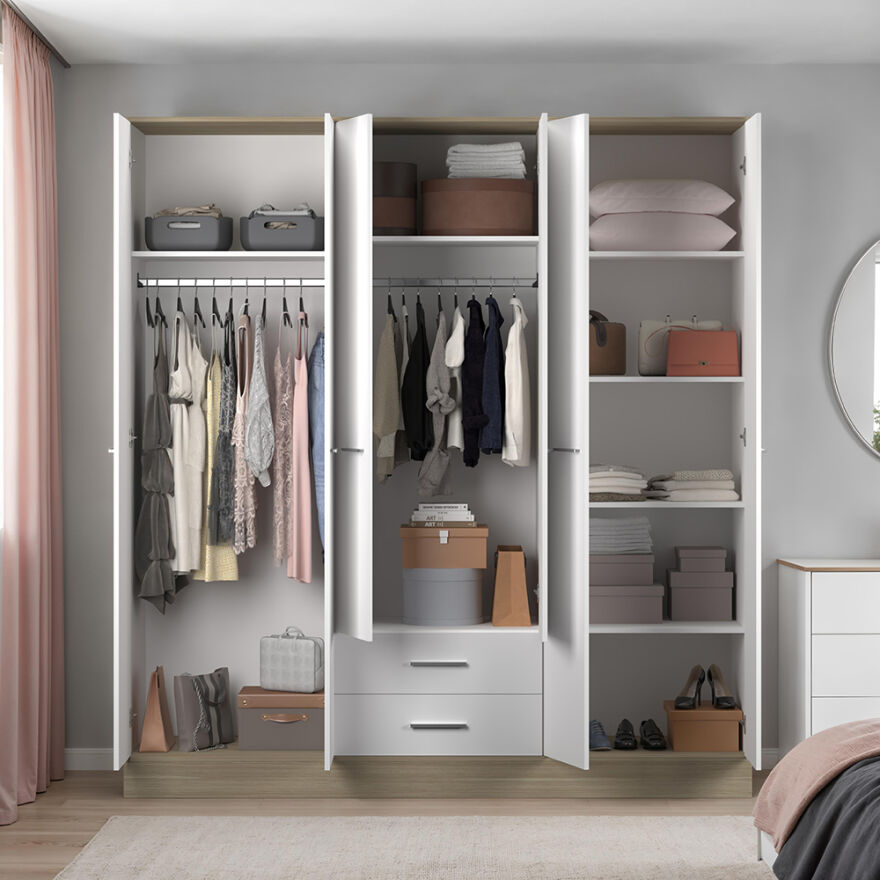 Base 6 Kapaklı 2 Çekmeceli Gardırop-İtalyan Meşe-Mat Beyaz 206x224x52 cm (GxYxD) - 5