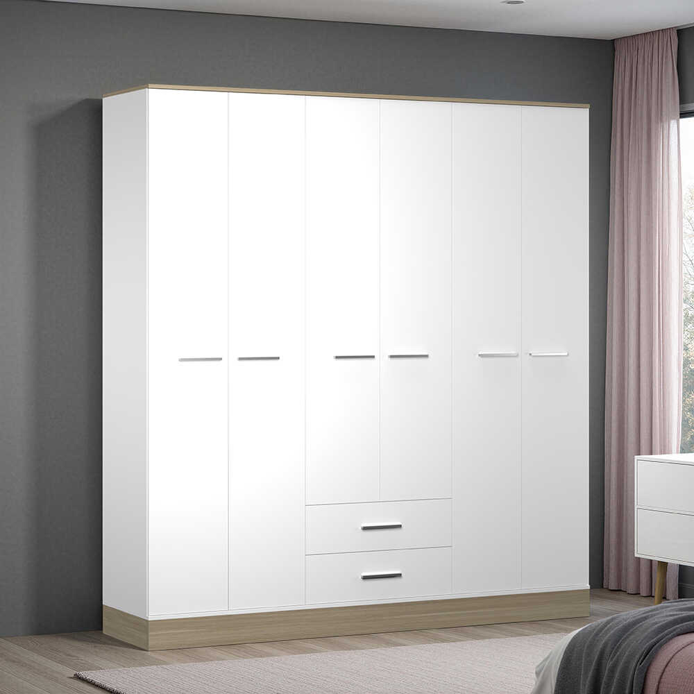 Base 6 Kapaklı 2 Çekmeceli Gardırop-İtalyan Meşe-Mat Beyaz 206x224x52 cm (GxYxD) - Adore Mobilya