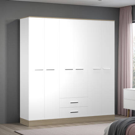 Base 6 Kapaklı 2 Çekmeceli Gardırop-İtalyan Meşe-Mat Beyaz 206x224x52 cm (GxYxD) - Adore Mobilya