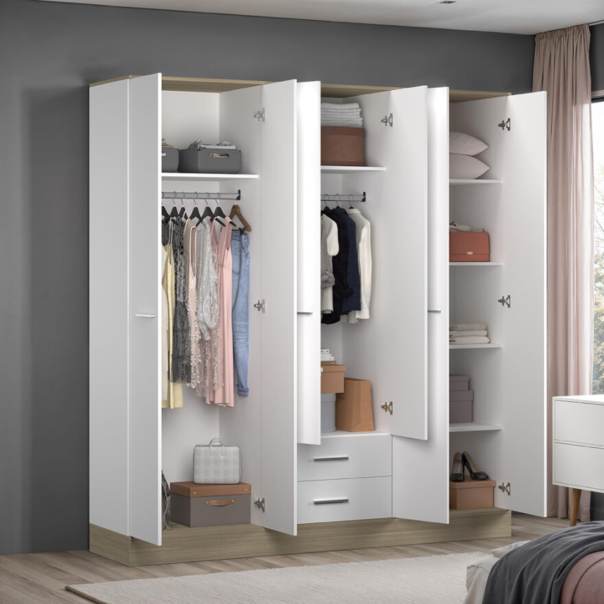 Base 6 Kapaklı 2 Çekmeceli Gardırop-İtalyan Meşe-Mat Beyaz 206x224x52 cm (GxYxD) - 3