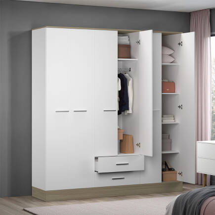 Base 6 Kapaklı 2 Çekmeceli Gardırop-İtalyan Meşe-Mat Beyaz 206x224x52 cm (GxYxD) - Adore Mobilya (1)