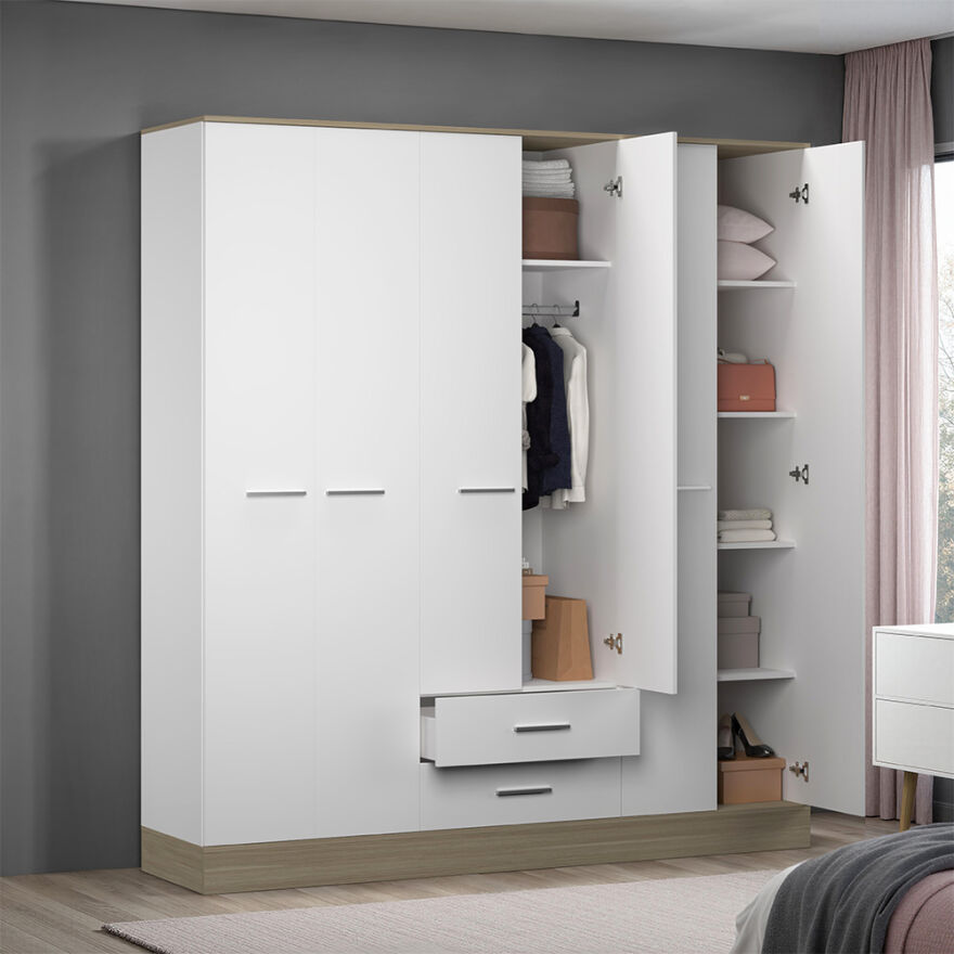 Base 6 Kapaklı 2 Çekmeceli Gardırop-İtalyan Meşe-Mat Beyaz 206x224x52 cm (GxYxD) - 2