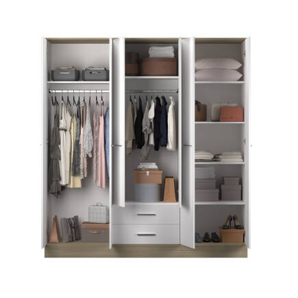 Base 6 Kapaklı 2 Çekmeceli Gardırop-İtalyan Meşe-Mat Beyaz 206x224x52 cm (GxYxD) - 9