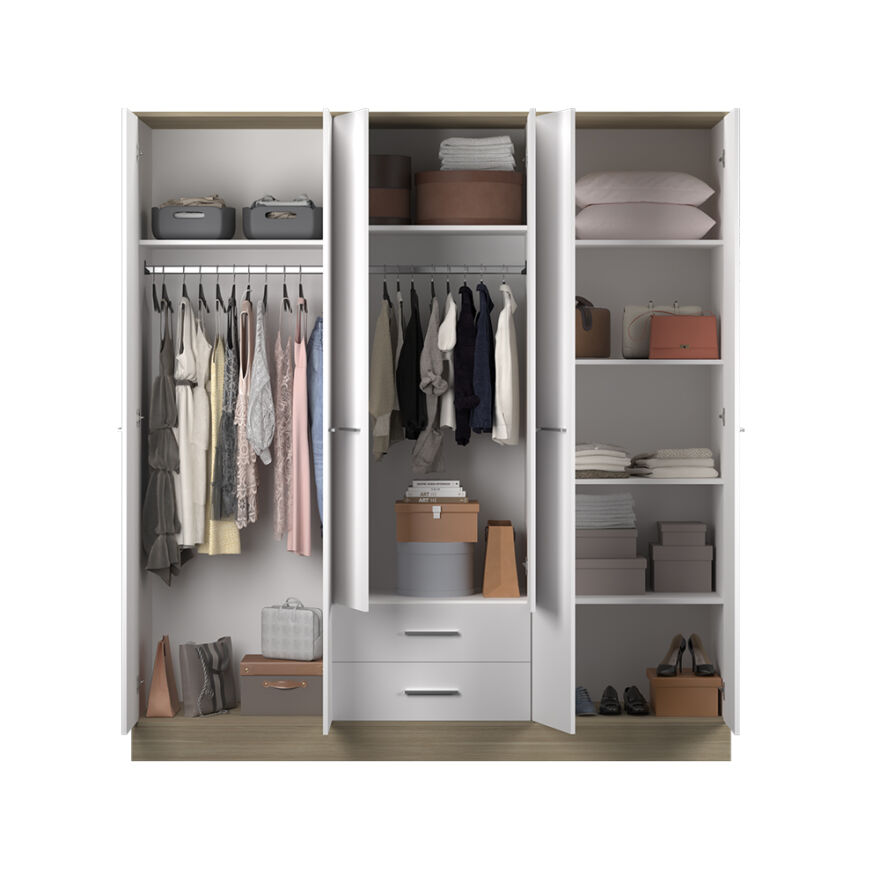 Base 6 Kapaklı 2 Çekmeceli Gardırop-İtalyan Meşe-Mat Beyaz 206x224x52 cm (GxYxD) - 9