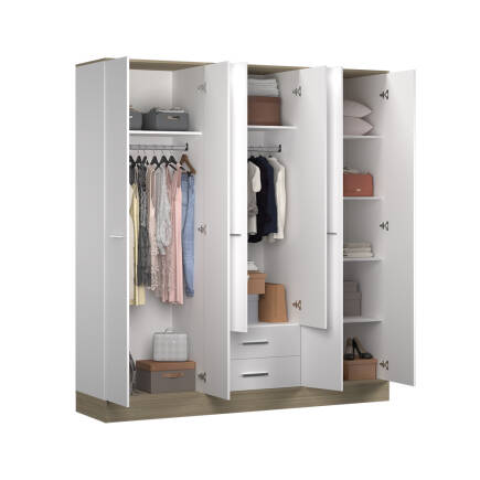 Base 6 Kapaklı 2 Çekmeceli Gardırop-İtalyan Meşe-Mat Beyaz 206x224x52 cm (GxYxD) - 7