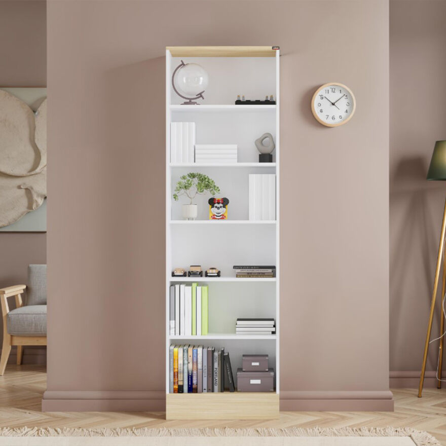Base 6 Raflı Kitaplık -İtalyan Meşe-Mat Beyaz 60x197x26 cm (GxYxD) - 1